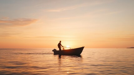 Obraz premium Serene Sunset Over the Ocean with Silhouette of a Fisherman Rowing Alone in a Small Boat
