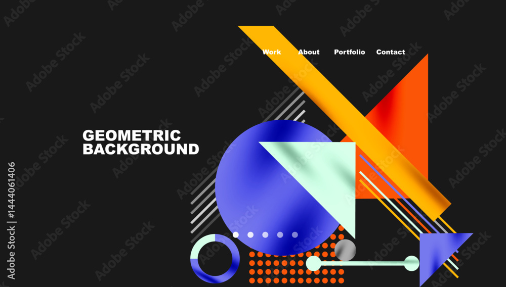 Poster abstract geometric design. bright shapes overlap dark background. modern aesthetic, website header e