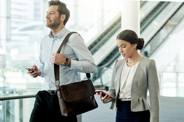 Business people, phone and start of walking in office, chat and reading morning email for schedule....