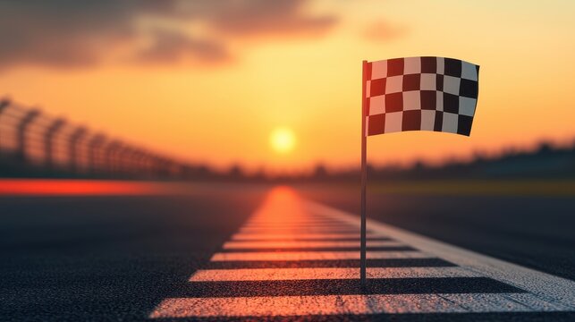 Checkered Racing Flag at Sunset on Empty Race Track with Fading Light and Dramatic Sky Above