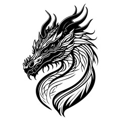 Monochrome depiction of a mythical dragon's profile, intricate design and majestic presence
