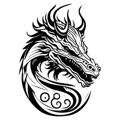 Monochromatic stylized dragon head design with ornate detailing illustration