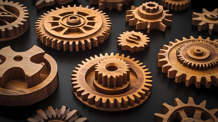 A collection of wooden gears arranged on a dark surface, showcasing intricate designs in a mechanical theme. [Mechanical Forests] | Sonic Trees | echo trunks. Illustration