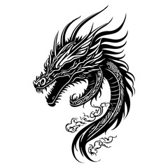 Intricate vector illustration of a stylized dragon head in black and white