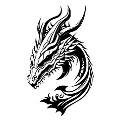 Majestic Dragon Head Illustration with Detailed Tribal Black Ink Design
