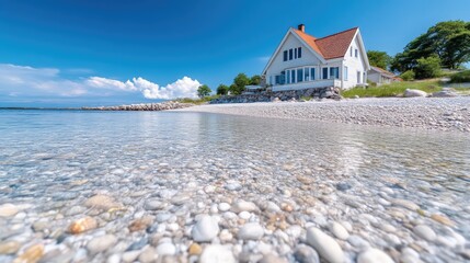 Coastal Cottage on a Sunny Beach.  Crystal-clear shallow water laps gently against a beach of colorful pebbles, leading to a charming white house with a red roof, nestled on a shoreline