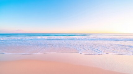 Serene beach sunrise. Soft pastel colors paint a tranquil shoreline with gentle waves lapping at the shore