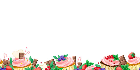 Illustration of a border of confectionery products with berries, chocolate, sweets and mint. The drawing is suitable for postcards, business cards, invitations.