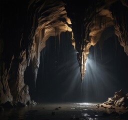 Dripping water, sharp stalactites cast shadows in dark, damp cave,  depth,  subterranean, cave