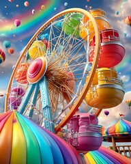 Magical Pastel World Wallpaper A vibrant ferris wheel at a colorful carnival, surrounded by balloons against a bright sky, evoking joy and excitement for fun.