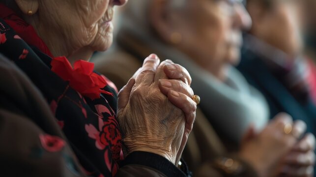 A soft-focus close-up of hands clasped in prayer at a remembrance event