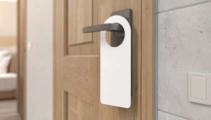 Sleek metal handle with blank door hanger in luxury hotel room