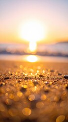 Golden Beach Sunset: A captivating close-up shot of sand with sunlight over ocean background, evoking peace and tranquility. 
