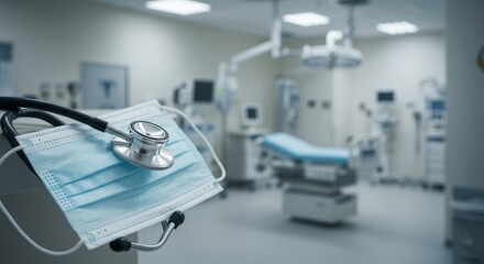 Medical Stethoscope and Face Mask Resting on Surface in a Modern Hospital Room