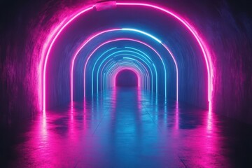 Futuristic Neon Tunnel with Vibrant Pink and Blue Lights Creating a Sci-Fi Atmosphere in a Modern Urban Setting