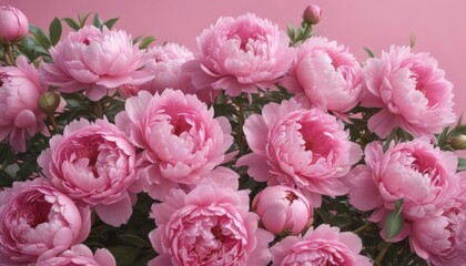 Fototapeta premium Dense cluster of pink peonies, soft pink backdrop, elegance, delicate