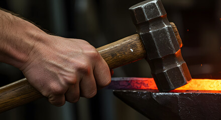 Close-up: Blacksmith's Hand Striking Glowing Metal on Anvil