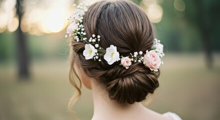 Naklejka premium Close-up of woman's hair styled in a low bun with white and pink flowers