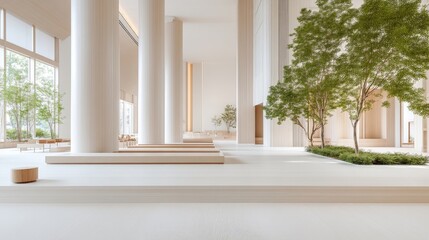 Modern minimalist lobby with tall columns, natural light, and greenery