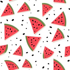 Watermelon slices seamless pattern for summer design. Bright red fruit pieces with seeds on white background. Fresh and juicy tropical food illustration for textile, wallpaper, packaging