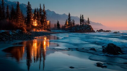 Fototapeta premium Golden Reflections on a Serene Coastal Landscape at Twilight Hour