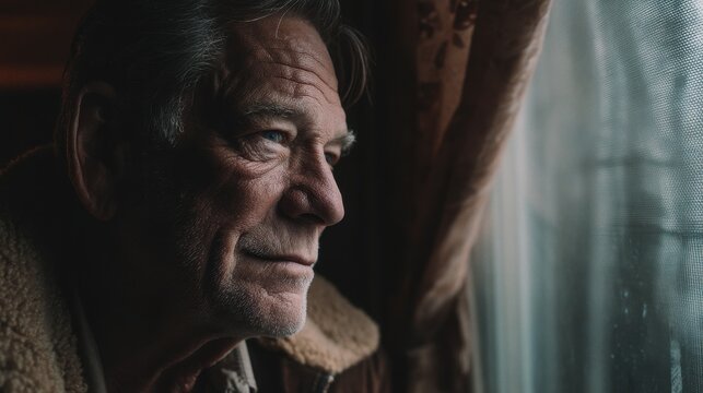 Close up of a pensive older man looking out a window.
