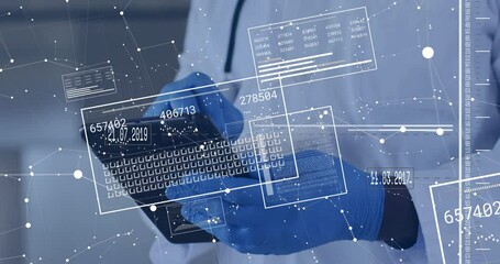 Senior doctor holding black tablet in clinical lab, displaying floating bar charts and data nodes - Powered by Adobe