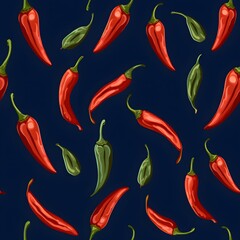 Spicy red chili peppers seamless pattern on navy blue background. Hot food ingredient for Mexican cuisine. Decorative design for kitchen textile, wallpaper, or packaging