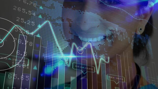 woman analyzing finance data in virtual interface, displaying neon line charts and bar graphs - Powered by Adobe