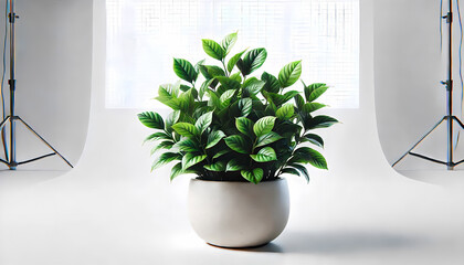 Potted Green Indoor Plant in Studio Lighting on White Background

