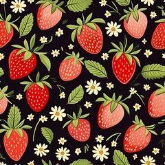 Strawberry and flower seamless pattern on black background. Fresh fruit design for fabric, wallpaper, packaging. Summer berries for healthy food concept, organic product print