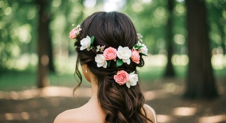Naklejka premium Close-up of woman's dark hair with floral arrangement in a forest setting