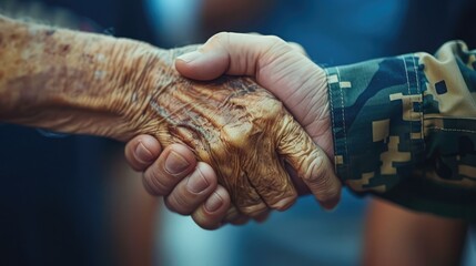 A touching handshake between a young adult and an elderly veteran