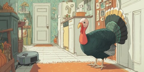 Charming kitchen scene with a friendly turkey.