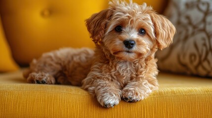 Adorable Fluffy Puppy Relaxing on Yellow Couch