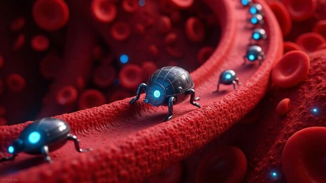 Futuristic Nanobots Moving Through Blood Vessels