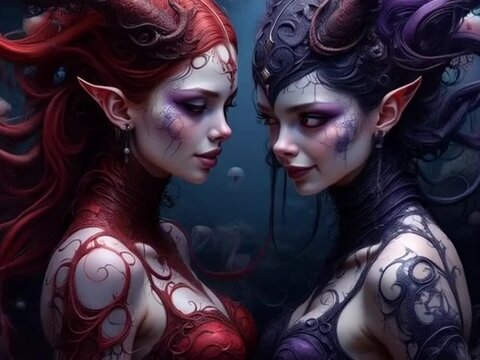 Fantasy Portrait of Two Mysterious Elven Women with Elaborate Horned Headpieces and Ornate Tattoos