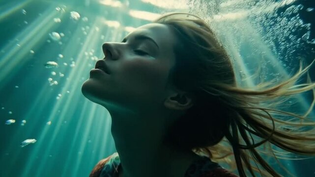 Young woman floating underwater with eyes closed and serene expression surrounded by bubbles
