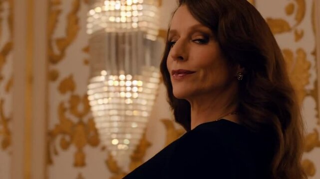 Elegant Mature Woman in Black Dress Glancing Confidently in Luxurious Golden Room with Chandelier and Ornate Decor