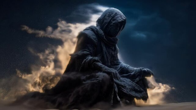 Mysterious Hooded Sand Figure in a Night Desert Surrounded by Glowing Dust and Stars with a Dark Fantasy Atmosphere and Surreal Lighting
