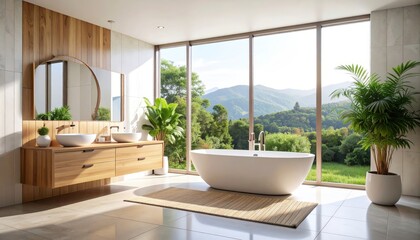 Fototapeta premium Elegant minimalist bathroom interior: freestanding bathtub and wooden vanity
