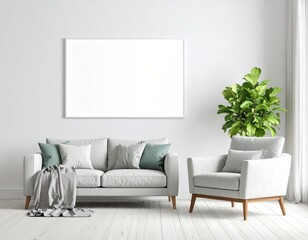 Modern minimalist room with empty poster frame – 3D rendering