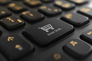 A closeup of a black keyboard with a customized Enter key featuring a white shopping cart icon surrounded by standard black keys like Shift sleek and minimalist design sharp and rea
