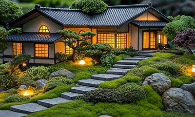Illuminated miniature Japanese house nestled on a moss-covered hillside with stone steps and glowing orbs - Powered by Adobe