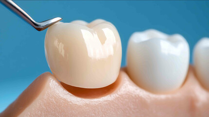A sleek and modern dental promotional image displaying a highquality porcelain veneer beside a healthy tooth emphasizing perfection and aesthetics The lighting is bright yet soft en