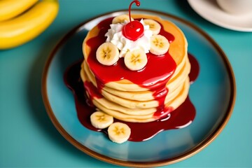 Stack of Pancakes with Cherry Sauce, Bananas, and Whipped Cream: Delicious Breakfast Food Photography