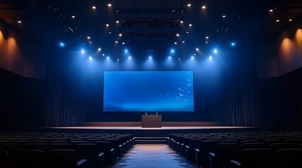 Empty auditorium with a blank screen on stage.