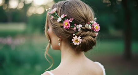 Woman with pink and white daisies in her elegant updo hair in a garden