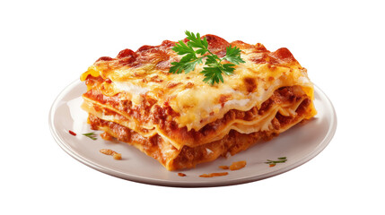 a delicious lasagna on a plate isolated, transparent background