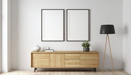 Two empty posters on wall above wooden cabinet – minimalist design